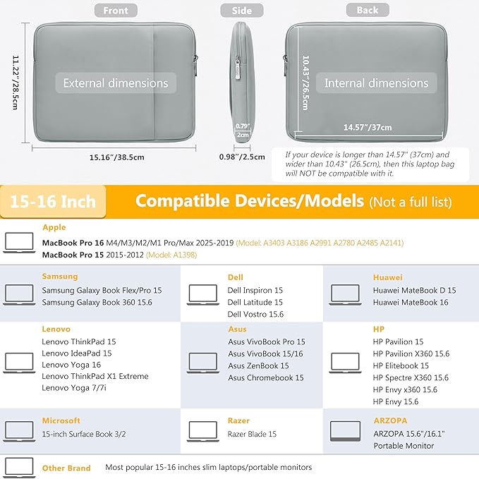 HYZUO 15-16 Inch Laptop Sleeve Bag Set for MacBook Pro 16 M4/M3/M2/M1 Pro/Max, 15" Surface Book, Notebook Case for 15" 15.6" HP Dell Lenovo ThinkBook Asus Acer Samsung Huawei, Rock Gray