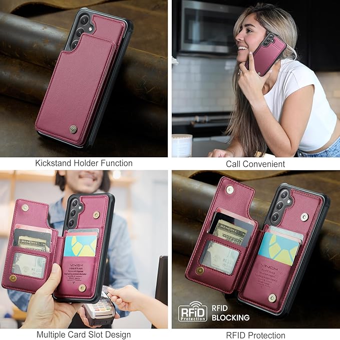 Vinich for Samsung Galaxy S24 Plus Wallet Case with Card Holder, RFID Blocking Credit Slots Kickstand Shockproof Phone Cover for Women Men, Wine Red