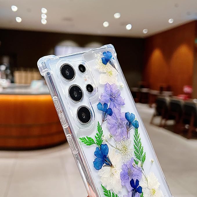 Compatible with Samsung Galaxy S23 Ultra Case Cute Pressed Dried Real Flowers Design Women Girly Shockproof Soft TPU Floral Clear Phone Cover for Galaxy S23 Ultra (Purple Flower)