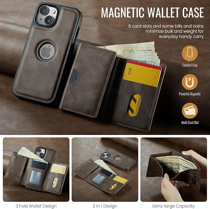 Asuwish Phone Case for iPhone 14 6.1 inch Wallet Magnetic Detachable Cell Cover with Wireless Charging and RFID Blocking Credit Card Holder Flip Stand iPhone14 5G i i-Phone i14 14Case Women Men Coffee