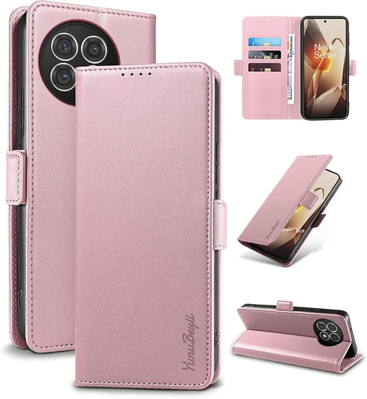Wallet Flip Case for OnePlus 13R 5G - [RFID Blocking] Luxury PU Leather Card Holder Magnetic Phone Cover with Kickstand,Shockproof Protective Case,Pink