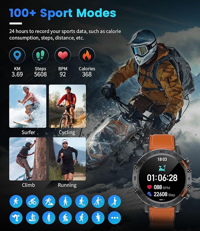 Smart Watch for Men Answer/Make Call for Android iOS, 400mAh Military Smartwatch Heart Rate Blood Oxygen Sleep Monitor Step Counter, 2 Watch Straps,Waterproof Outdoor Smart Watches Brown