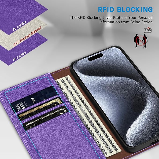 ZZXX for iPhone 15 Pro Wallet Case with [RFID Blocking] Card Slot Stand Strong Magnetic Leather Flip Fold Protective Phone Case for iPhone 15 Pro Case Wallet(Purple-6.1 inch)