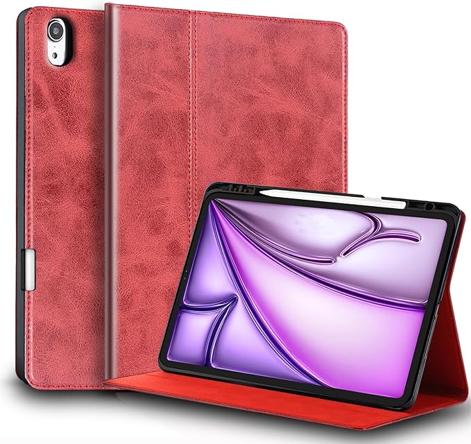 for Ipad Case Air 13-inch M3/M2 2025/2024(Model:A3268/A3269/A2898/A2899) Genuine Leather Cover Protective Shell,Built-in Pencil Holder and Auto Wake/Sleep.Wine Red