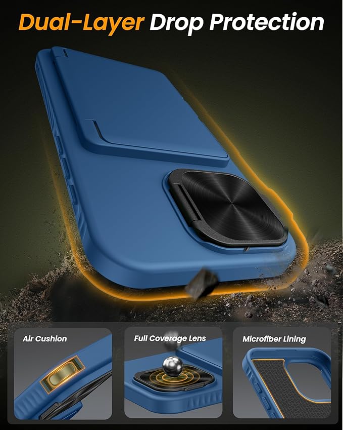 for iPhone 17 Case with Card Holder, Built-in Stand & Camera Lens Cover, Shockproof Rugged Silicone Bumper Raised Edge Protective Wallet Phone Case for iPhone 17 6.3" 2025, Blue