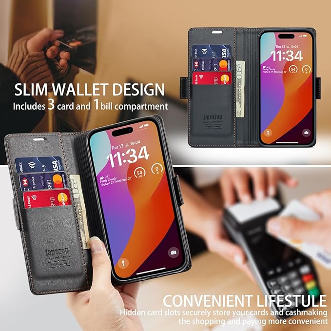 japezop Compatible with iPhone 15 Pro Max 5G Wallet Case,with [RFID Blocking],Card Holder Kickstand Magnetic,Leather Flip Case Wallet for iPhone 15 Pro Max 5G 6.7 Inch (Fashion Black)
