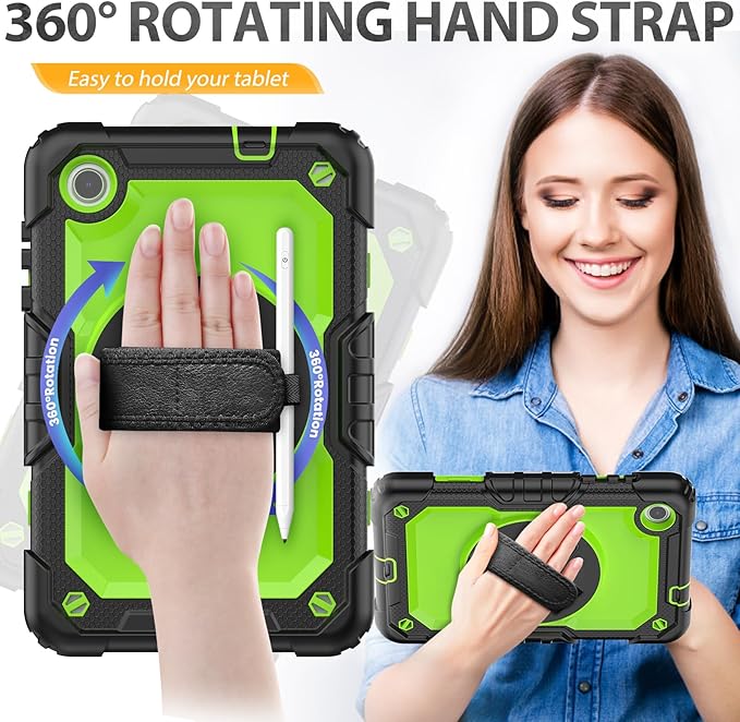 HXCASEAC Case for Lenovo Tab M8 4th Gen 2024/2023 (TB-301FU, TB-300FU), with Screen Protector/Rotating Hand Strap/Sturdy Stand, Protective HD Cover for Lenovo M8 Tablet Case 8 inch, Green