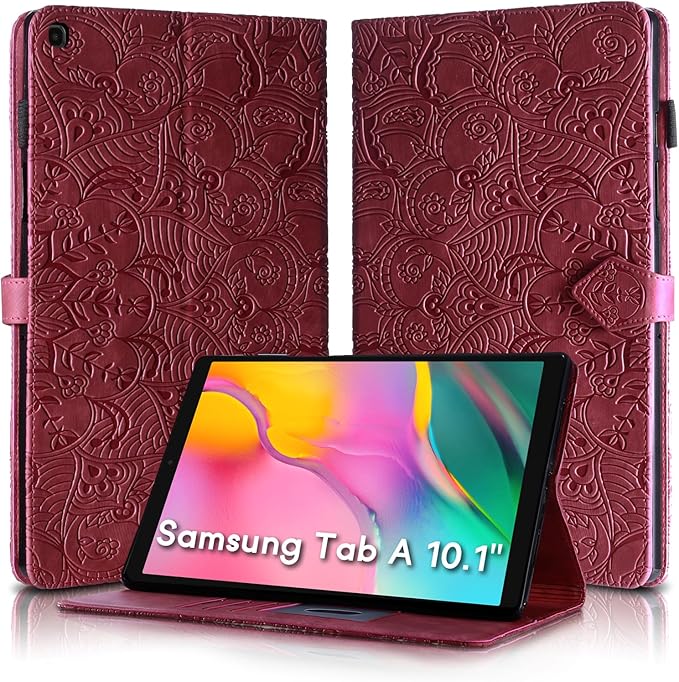 Vine Funda para for Samsung Galaxy Tab A 10.1 2019 SM-T510 T515, Soft Touch Premium Faux Leather Made with Card Slots, Water-Proof Precise Cutouts Compatible with Samsung Tab A 2019 Case Wine Red