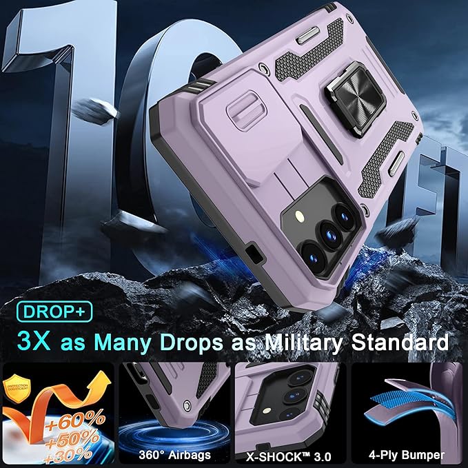 DEERLAMN Case for Samsung Galaxy S24+ Plus with Slide Camera Cover+Screen Protector (1 Pack), Rotated Ring Kickstand Military Grade Shockproof Protective Cover-Deep Purple