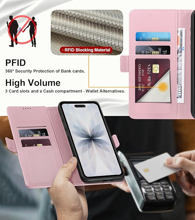 Wallet Flip Case for iPhone 17 5G - [RFID Blocking] Luxury PU Leather Card Holder Magnetic Phone Cover with Kickstand,Shockproof Protective Case,Pink