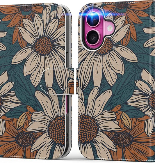 DEENAKIN for iPhone 16 Wallet Case with Card Holder + Cash Clip, RFID-Blocking, Military-Grade Drop Protection, Magnetic Closure with Leather Kickstand - Floral Daisy Pattern