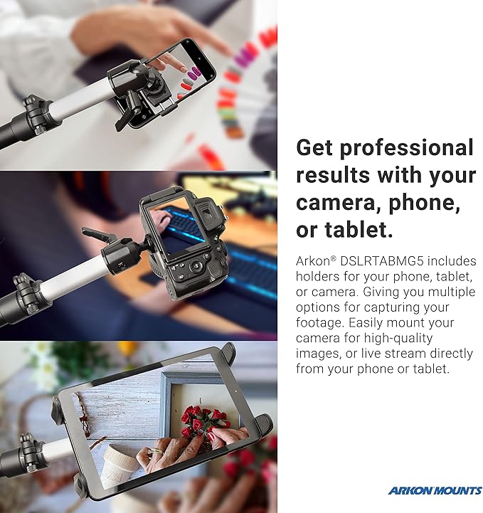 ARKON Mounts Overhead Camera Mount | Includes Ceiling Mount Bracket, Phone Holder, Tablet Holder, & Camera Mount | 360° Adjustable | Durable & Super Stable Metal Mounting Base DSLRTABMG5