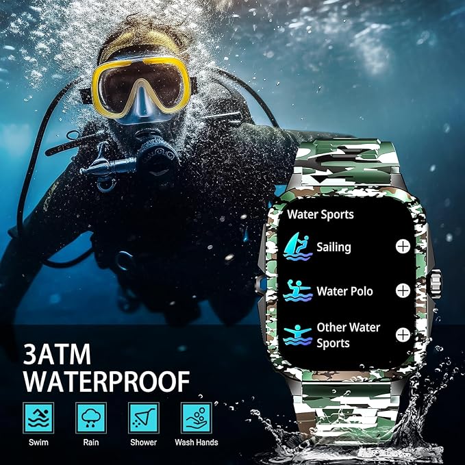 Military Smart Watches for Men (Make/Answer Call) 1.96" Screen Outdoor Activity Tracker with 100+ Sport Modes Health Monitor 3ATM Waterproof Smartwatch (Camouflage Green)