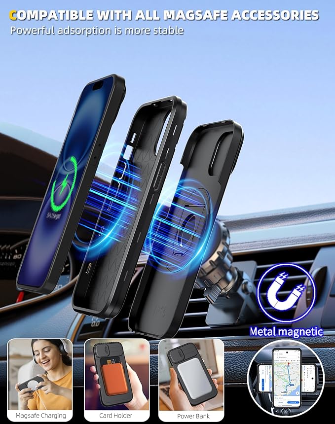 for iPhone 16 Case Magnetic Compatible with MagSafe Wireless Charging with 2 Screen Protectors,16 Case Built-in Kickstand Ring Camera Heavy Duty Protection Military Grade Drop Shockproof Black