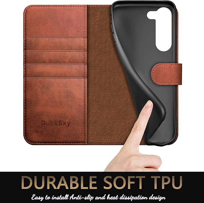 for Samsung Galaxy S23 5G Genuine Leather Wallet case 【RFID Blocking】【4 Credit Card Holder】【Real Leather】 Flip Folio Book Phone case Protective Cover Women Men for SamsungS23 case Light Brown