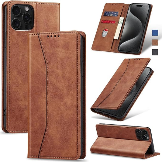Jasonyu Flip Wallet Case for iPhone 15 Pro Max,Leather Magnetic Folio Cover with Card Holder,Kickstand - TPU Shockproof Durable Protective Phone Case,Brown