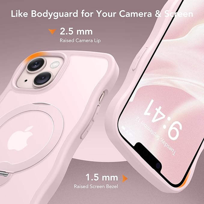 for iPhone 13 Case & iPhone 14 Case for Women,[Compatible with Magsafe][360° Spin Magnetic Stand][Cute Wave Edge][Military-Grade Protection]Translucent Matte Phone case for iPhone 13/14, Chalk Pink