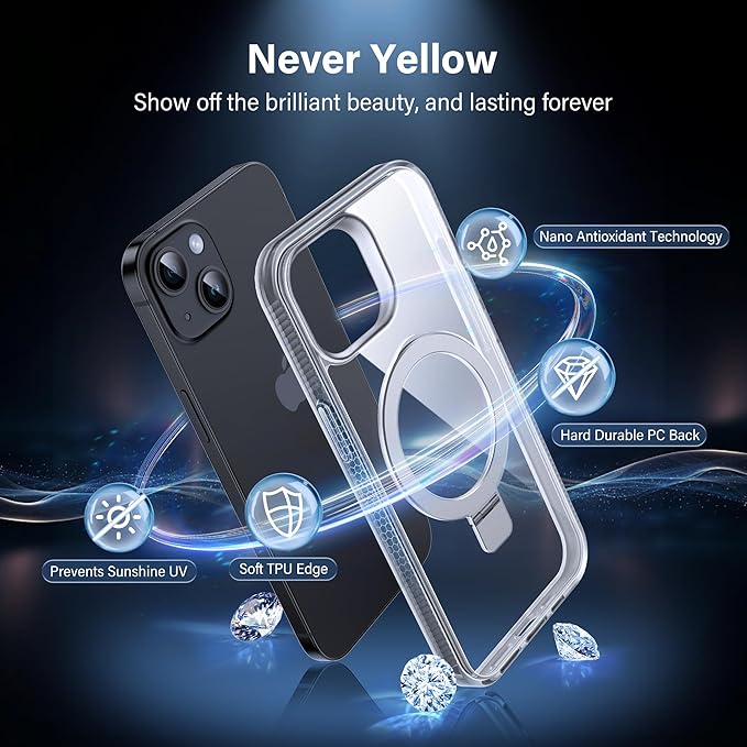 Magnetic Case for iPhone 14 Plus - [Built-in Invisible Stand] [Compatible with MagSafe] [Military Grade Drop Protection] Anti-Yellowing Hard Back Silicone Edge Cover, 6.7", Clear