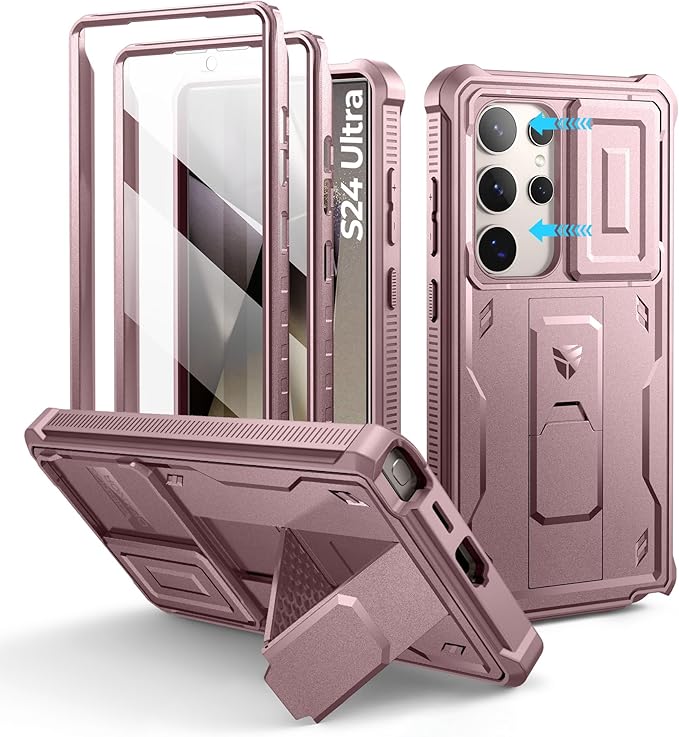 Dexnor for Samsung Galaxy S24 Ultra Case with Built-in Slide Camera Cover & Screen Protector & Kickstand,Shockproof Rugged Case Full-Body Bumper Protective Cover for Galaxy S24 Ultra (2024),Peony Pink