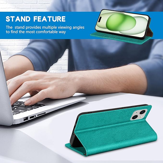 ZZXX for iPhone 15 Plus Wallet Case with [RFID Blocking] Card Slot Stand Strong Magnetic Leather Flip Fold Protective Phone Case for iPhone 15 Plus Case Wallet(Lake Blue-6.7 inch)