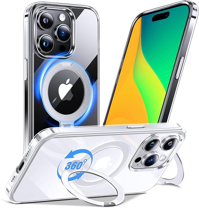 Anqrp 360° All-in-ONE Crystal Clear Case for iPhone 15 Pro Max with Rotatable Magnetic Stand, Compatible with MagSafe, Anti-Yellowing Transparent MIL-Grade Shockproof Phone Case for iPhone 15 Pro Max