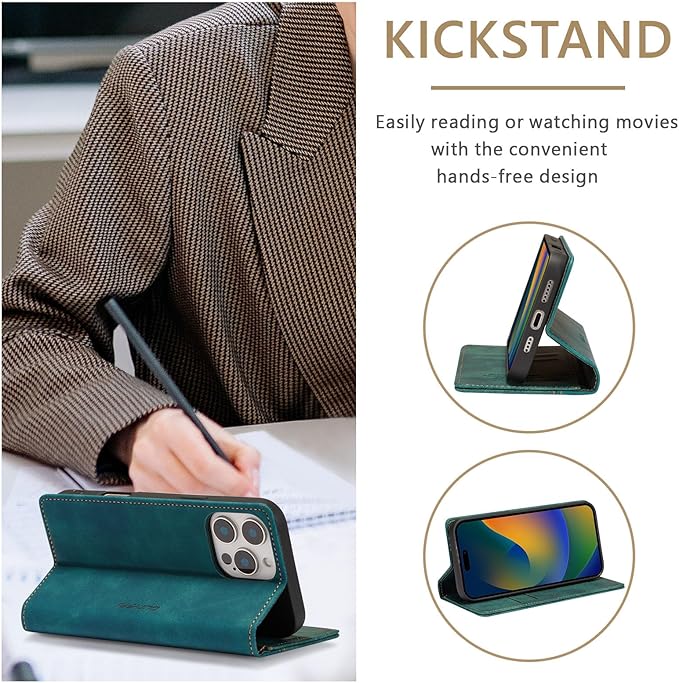 QLTYPRI for iPhone 16 Pro Case Wallet with Card Holder, Vintage PU Leather Kickstand Magnetic Closure Shockproof Folio Book Cover Case for iPhone 16 Pro - Retro Green