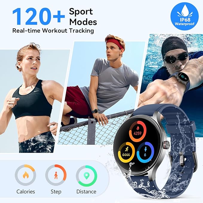 Fitpolo Smart Watches for Men/Women, 40mm Round Smartwatch Fitness Tracker with Bluetooth Calls (Make/Answer), Heart Rate/SpO2/Sleep Monitor, 7 Days Battery, IP68 Waterproof - Blue
