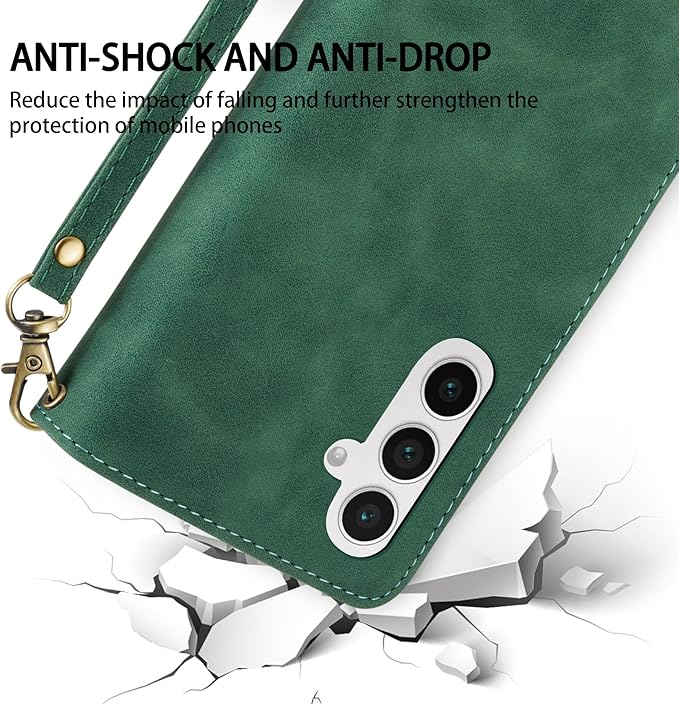 ZZXX for Samsung Galaxy S24 FE Wallet Case with RFID Blocking Card Slot PU Leather Zipper Flip Folio with Strap Kickstand Protective Cover for Samsung Galaxy S24 FE Case Wallet(Green-6.7 inch)