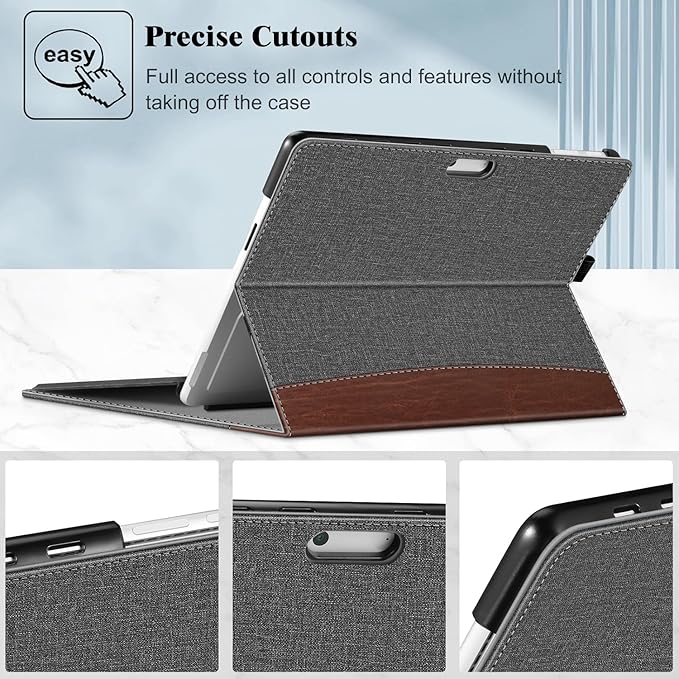 Fintie Case for 13 Inch Microsoft Surface Pro 11/10/9 - Multiple Angle Viewing Portfolio Business Cover with Pocket & Stylus Holder, Compatible with Type Cover Keyboard, Gray/Brown
