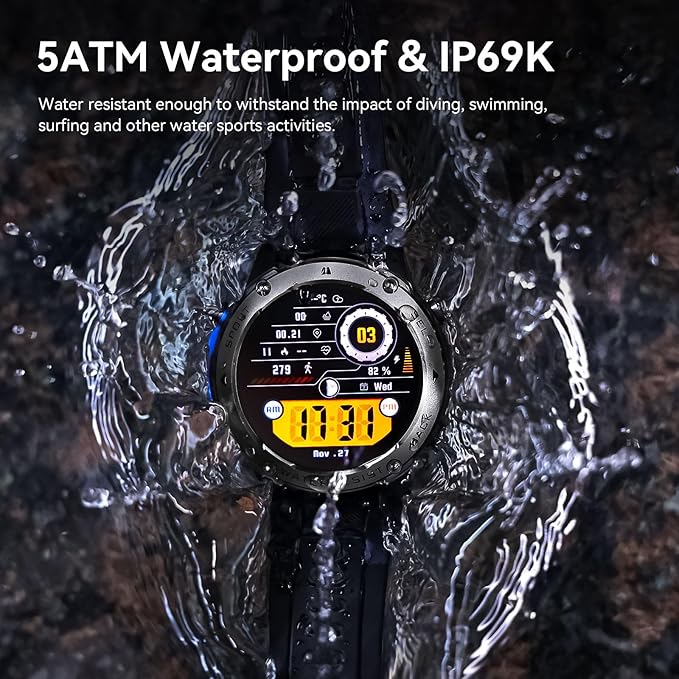 Military Smart Watch for Men GPS 6 Satellite Positioning Compass 164 Feet Water-Resistant for Swimming 500mAh Battery Make Answer Call Rugged Metal Body Smartwatch 1.43" AMOLED Always On Display Watch