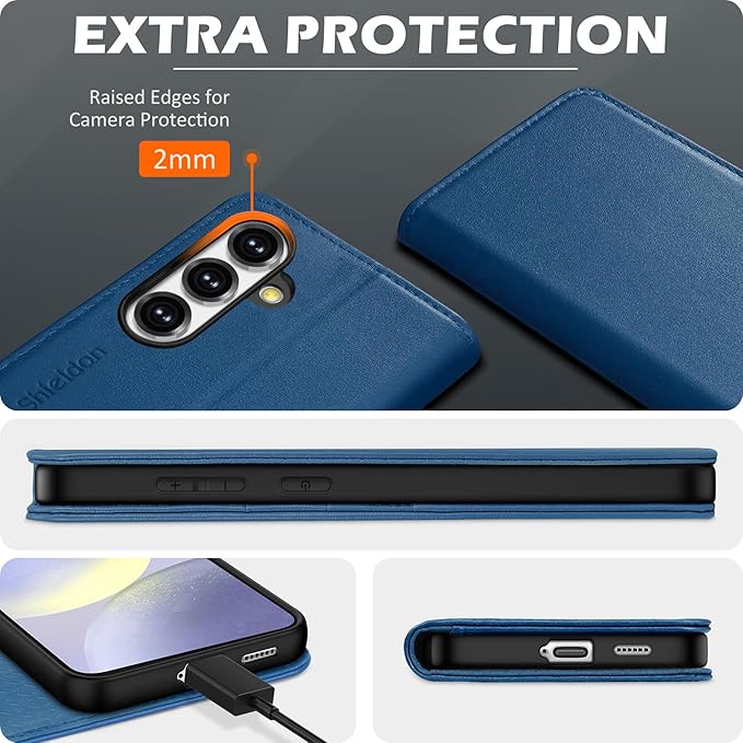 SHIELDON Case for Galaxy S25 6.2", Genuine Leather Wallet Magnetic Case with RFID Blocking Card Holder Kickstand Shock Absorbing Protective Cover Compatible with Galaxy S25 5G 2025 - Nappa Royal Blue