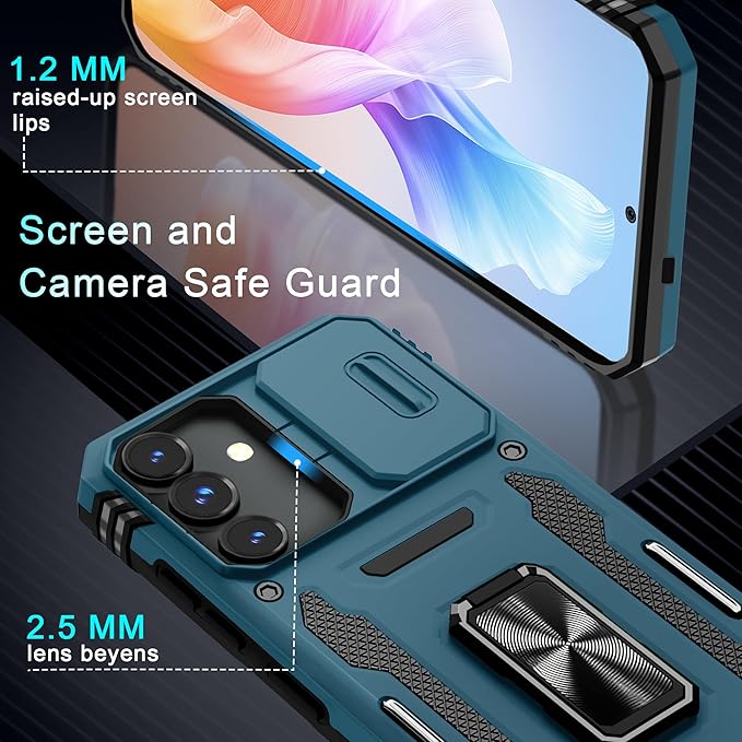 DEERLAMN Case for Samsung Galaxy S25 6.2-Inch with Slide Camera Cover+Screen Protector (1 Pack), Rotated Ring Kickstand Military Grade Shockproof Protective Cover-Light Blue