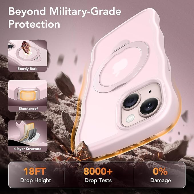 for iPhone 13 Case & iPhone 14 Case for Women,[Compatible with Magsafe][360° Spin Magnetic Stand][Cute Wave Edge][Military-Grade Protection]Translucent Matte Phone case for iPhone 13/14, Chalk Pink