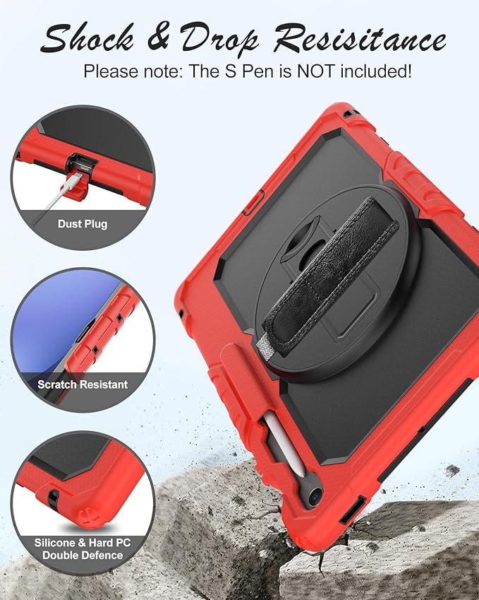Case for Samsung Galaxy Tab S10 FE Plus 5G Tablet 13.1'', Shockproof Protective Cover with Tempered Glass Screen Protector, Rotatable Kickstand, S Pen Holder, Hand/Shoulder Strap, Red