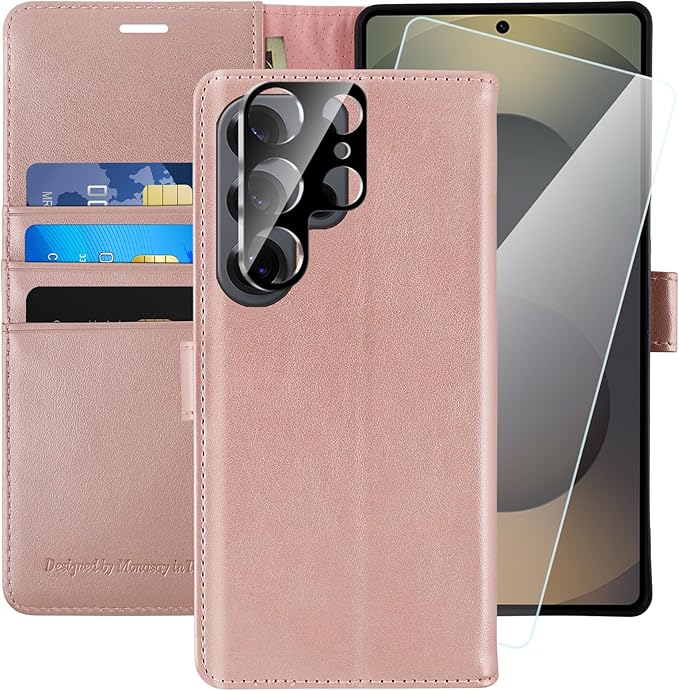 MONASAY Wallet Case Fit for Samsung Galaxy S25 Ultra 6.9 inch, [Lens & Glass Screen Protector Included] [RFID Blocking] Flip Folio Leather Cell Phone Cover with Credit Card Holder, Rosegold