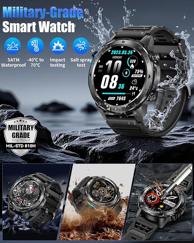 Military Smart Watch for Men with GPS, 1.43" AMOLED Smart Watch with Bluetooth Call, 5ATM Waterproof, 170+ Sports Modes, 500mAh Heart Rate/Sleep/SpO2 Monitor, Fitness Tracker for Android iOS