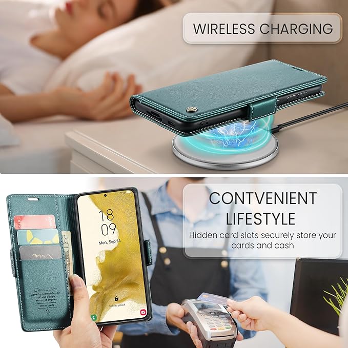 Case for Samsung Galaxy S22 Plus Wallet Case, RFID Blocking PU Leather Flip Folio Cover Card Holder Kickstand Shockproof Phone Case Compatible with Samsung Galaxy S22 Plus, Blue Green