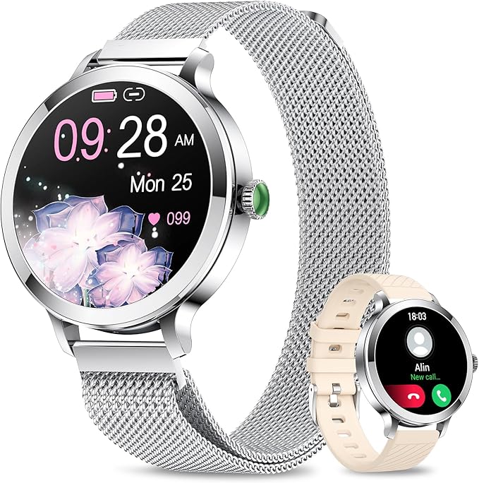 Smart Watches for Women, 1.106" AMOLED Small Screen Smartwatch Answer/Make Call for Android iOS Phones, IP68 Waterproof Fitness Activity Tracker with Heart Rate Sleep Monitor SpO2, Silver