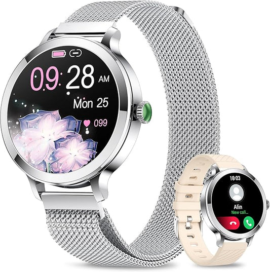 Smart Watches for Women, 1.106" AMOLED Small Screen Smartwatch Answer/Make Call for Android iOS Phones, IP68 Waterproof Fitness Activity Tracker with Heart Rate Sleep Monitor SpO2, Silver