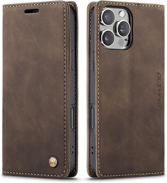 QLTYPRI for iPhone 16 Pro Case Wallet with Card Holder, Vintage PU Leather Kickstand Magnetic Closure Shockproof Folio Book Cover Case for iPhone 16 Pro - Coffee Brown