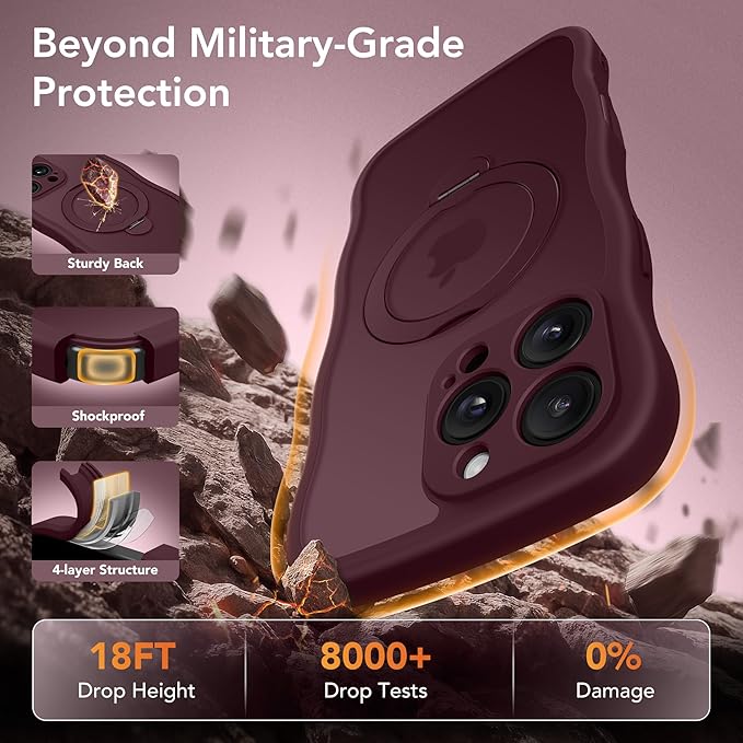 GolbinBox for iPhone 16 Pro Max Case for Women,[Compatible with Magsafe][360° Spin Magnetic Stand][Cute Wave Edge][Military-Grade Protection]Translucent Matte Phone Case for iPhone 16 ProMax, Wine Red