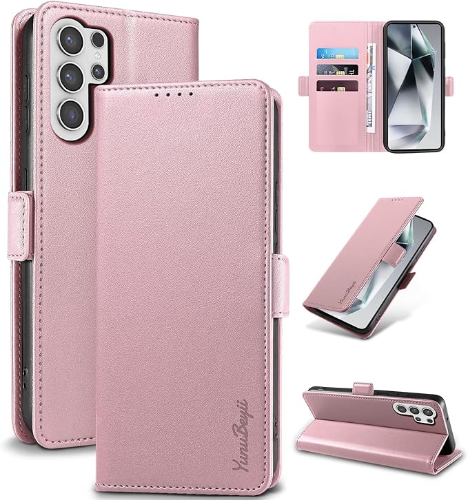 Wallet Flip Case for Samsung Galaxy S25 Ultra 5G - [RFID Blocking] Luxury PU Leather Card Holder Magnetic Phone Cover with Kickstand,Shockproof Protective Case,Pink