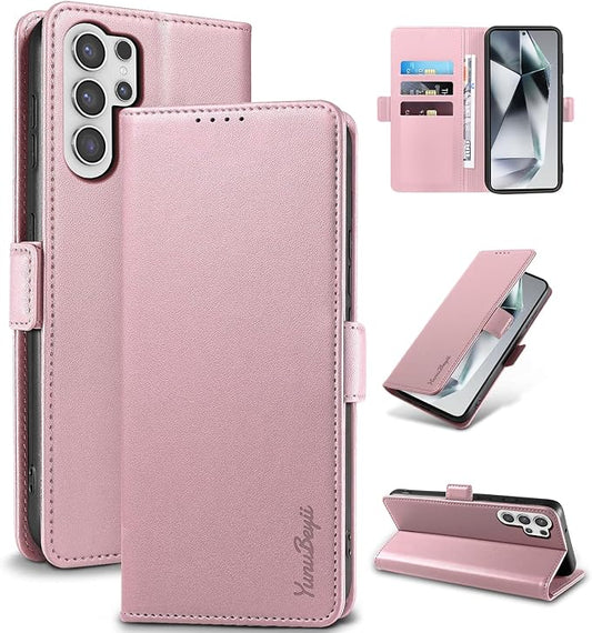 Wallet Flip Case for Samsung Galaxy S25 Ultra 5G - [RFID Blocking] Luxury PU Leather Card Holder Magnetic Phone Cover with Kickstand,Shockproof Protective Case,Pink