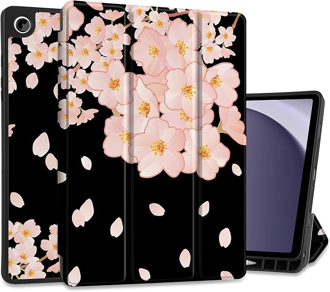MEEgoodo Case for Samsung Galaxy Tab A9 Plus 11 inch Cover 2024 2023 with S Pen Holder,A9+ Smart Tablet Cases with Leather Trifold Stand+Soft TPU Back Shell+Smart Auto Wake/Sleep,Beautiful Cherry Tree