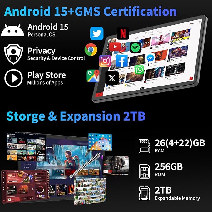 Android 15 Tablet with Keyboard, 26GB+256GB(2TB Expand), 10.1 Inch Tablet 8000 mAh Battery, BT 5.0, 5G WiFi, Widevine L1, Dual Camera, 2 in 1 Tab with Mouse, Case, Stylus(Black Case)