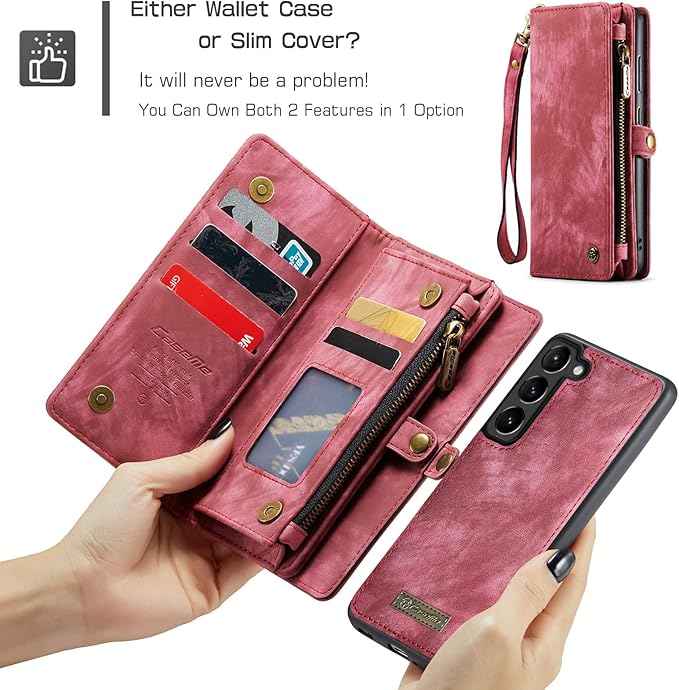 SZHAIYU 2 in 1 Detachable for Samsung Galaxy S23 Wallet Case with Card Holder, Retro Premium Flip Leather Cover Magnetic Zipper Pocket Phone Cases 6.1'' (Red,S23)