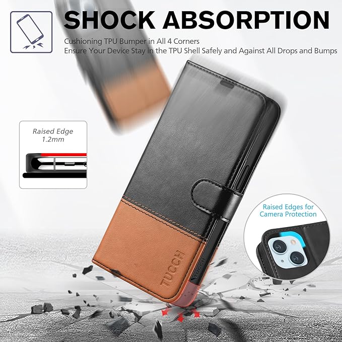 TUCCH Wallet Case for iPhone 15 5G, [RFID Blocking] 4 Card Slot Holder Kickstand [Shockproof TPU Interior Case], PU Leather Magnetic Flip Cover Compatible with iPhone 15 6.1" 2023, Black & Brown