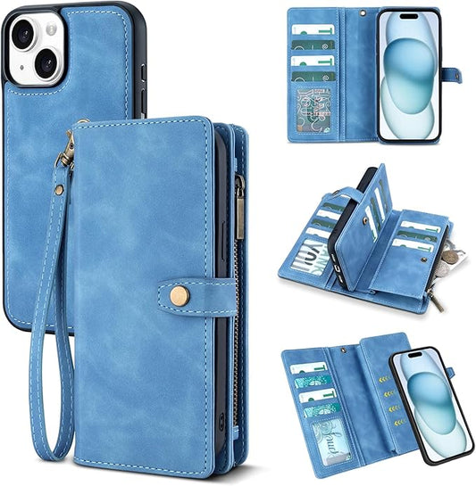 TwoHead Wallet Case Compatible with iPhone 15,Detachable Magnetic Phone Case,All-Round Protective Leather Phone Case with Card Holder,6.1 in,Sky Blue