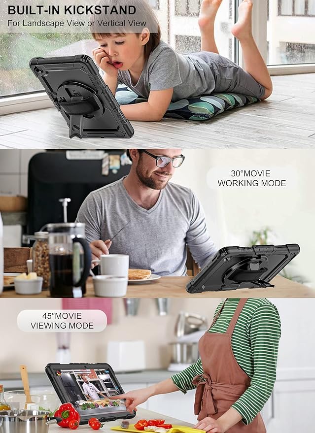 Case for Samsung Galaxy Tab S6 Lite Tablet Case 10.4 inch 2024/2022/2020 [with Tempered Glass Screen Protector], Rotatable Kickstand, S Pen Holder, Hand/Shoulder Strap (Black)