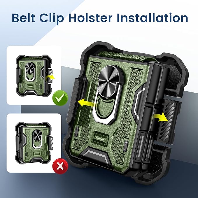 VEGO for Z Flip 5 Case with Hinge Protection, 360°Ring Magnetic Kickstand & Camera Screen Protector & Belt Clip Holster, Military Grade Shockproof Cover - Green